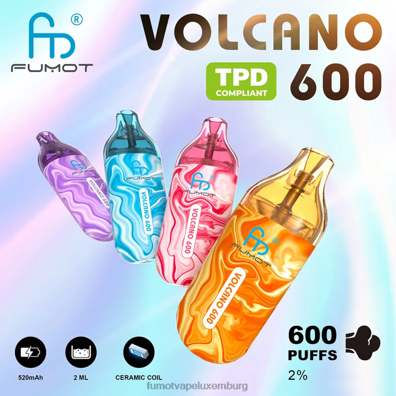 600 tpd-konformer Einweg-Vaporizer – 2 ml (3-teiliges Set) Ananas-Pfirsich-Mango Fumot Volcano BDR6J294 Fumot vape Lëtzebuerg